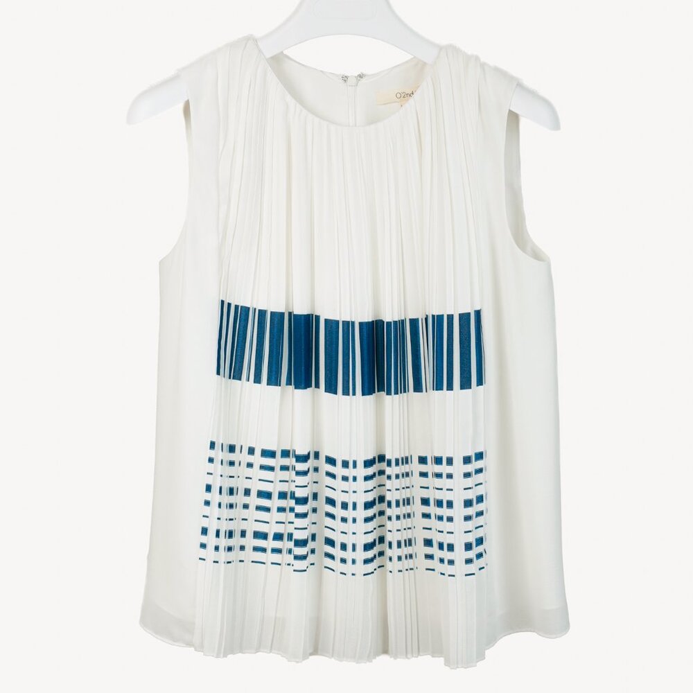 O’2nd White Pleated Blue-Striped Sleeveless Blouse